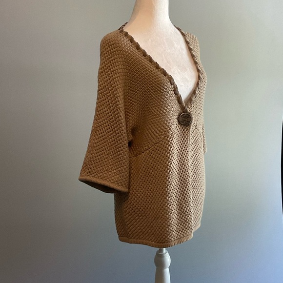 Ruby Rd Lg Cotton/Acrylic Blend Taupe 1 Button Crochet Sweater Faux Suede Trim - Picture 9 of 16